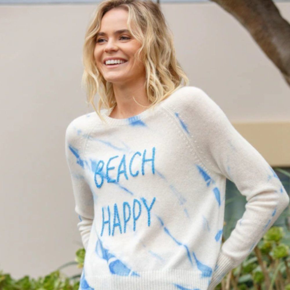 [ Golden Sun ] Beach Happy Crew neck cashmere sweater S/M blue cream shibori tie